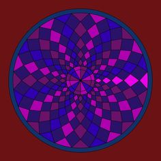 a purple and blue circular design on a red background, with the center centered by squares