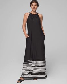 Invisible Support Halter Maxi Dress with Built-In Bra - Soma Fitted Halter Neck Lined Maxi Dress, Chic High Neck Maxi Dress For Beach, Stretch Halter Neck Maxi Dress, Black High Neck Halter Dress For Summer, Black High-neck Halter Dress For Summer, Chic Lined Halter Neck Maxi Dress, Chic Halter Neck Lined Maxi Dress, Vacation Halter Neck Maxi Dress With Lining, Halter Neck Maxi Dress For Vacation