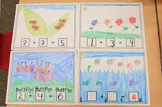 four pictures of different flowers and numbers on paper with colored pencils in front of them