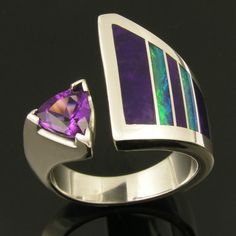 Australian Opal Ring with Sugilite and Amethyst Accents Opal | Etsy Unique Multi-stone Purple Amethyst Ring, Unique Purple Multi-stone Amethyst Ring, Purple Opal Gemstone Jewelry, Modern Purple Amethyst Ring With Polished Finish, Modern Polished Amethyst Ring, Modern Purple Rings With Polished Finish, Modern Purple Ring, Modern Purple Sterling Silver Ring, Australian Opal Ring