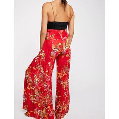 Red Digital Print Tie Waist Beachwear Wide Leg Pants Red Bohemian Bottoms For Vacation, Bohemian Red Bottoms For Vacation, Bohemian Floral Print Bottoms For Beach Season, Bohemian Beach Season Floral Bottoms, Bohemian Pants With Floral Print For Beach Season, Bohemian Floral Print Pants For Beach Season, Full Length Floral Print Wide Leg Pants For Summer, Floral Print Beach Bottoms, Casual Red High-waist Bottoms