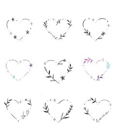 six hearts with arrows and stars drawn in ink on a white background, each heart has an arrow at the center