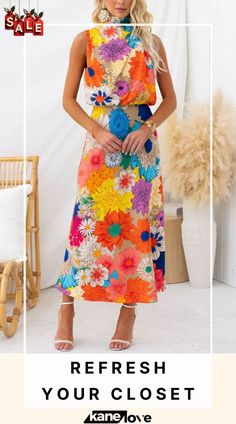 Land Of Beauty Floral Print Halter Neck Elastic Waist Party Maxi Dress Bohemian Midi Dress With Vibrant Print For Party, Multicolor Summer Party Midi Dress, Summer Party Multicolor Midi Dress, Multicolor Summer Party Dress, Summer Multicolor Party Dresses, Summer Party Multicolor Dresses, Sleeveless Multicolor Print Party Dress, Multicolor Print V-neck Party Dress, Colorful Floral Print Maxi Dress For Summer