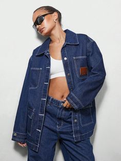 Oversized Denim Shackets With Patch Label Blue Casual  Long Sleeve Denim Plain Other Non-Stretch  Women Clothing, size features are:Bust: ,Length: ,Sleeve Length: Denim Jacket Winter, Fitted Denim Jacket, Western Denim Shirt, Long Sleeve Denim Jacket, Printed Denim Jacket, Harrington Jacket, Denim Jacket Women, Printed Denim, Denim Jackets