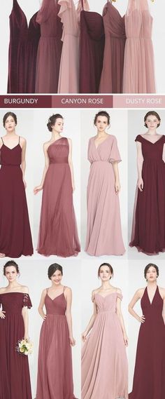 bridesmaid dresses in different colors and styles, including one for the floor length