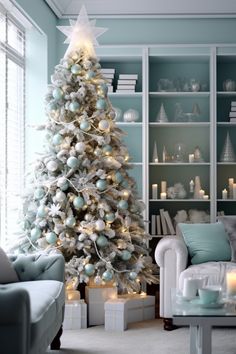 a living room with a white christmas tree in the center and blue walls behind it