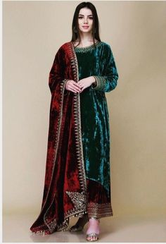 Beautiful pure hand made customised green velvet shirt kurta with palazo bottom, Worked with resham and Tilla, embellished with small beads, worked on neck round bottom of the sleeves and on palazo bottom, Dupatta heavy velvet shawl with 4 side embroidered border with resham and Tilla work. perfect for all the occasion We use high quality velvet fabric also organza We customize the outfit according to your choice shape and size Dry clean only 💯% fabric gauranteed, work guaranteed Slightly color Velvet Palazzo, Velvet Suit Design, Deep Red Velvet, Velvet Kurta, Velvet Dupatta, Resham Work, Velvet Shawl, Embellished Clothing