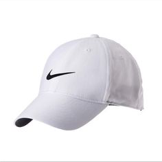 White Nike Cap Unisex - One Size Adjustable Velcro White With Black Embroidered Check Nike Cap With Embroidered Logo, Classic White Snapback Hat With Visor, White Snapback Hat For Sports In Spring, White Snapback Hat For Spring Sports, Casual White Snapback Hat For Golf, Classic White Sports Hat, White Snapback Baseball Cap For Golf, Classic White Dad Cap, Nike White Snapback Cap