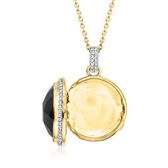 Ross-Simons - Onyx, .40ct t. w. White Topaz Locket Necklace Over Sterling. 18". Keep your sweetest memories close with this stylish locket necklace. A glimmering 17mm round onyx cabochon is framed with .40 ct. t. w. white topaz rounds. Crafted in 18kt yellow gold over sterling silver. Fits up to an 11/16" photo inside. Suspends from a cable chain with a 2" extender. Lobster clasp, white topaz and onyx locket necklace. Elegant Birthstone Medallion Locket Necklace, Elegant Birthstone Pendant Locket Necklace, Silver Fits, Sweet Memories, Locket Necklace, White Topaz, Cable Chain, Locket, Lobster Clasp