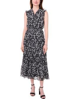 A feminine print details this maxi dress from MSK. | MSK Women's Sleeveless Collar Neck Print Maxi Dress, Black, Large Casual Black Sleeveless Maxi Dress, Spring Printed Black Maxi Dress, Spring Black Printed Maxi Dress, Black Flowy Sleeveless Casual Dress, Black Linen Maxi Dress For Spring, Casual Black Sleeveless Flowy Dress, Black Printed Maxi Dress, Black Maxi Dress For Spring, Flowy Sleeveless Printed Midi Dress