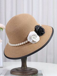 Come to JustFashionNow to buy Hats at a discounted price, SPU: 26HA6HC838, Color: Khaki White Black, Pattern:Floral, Thickness:Regular. Elegant Handmade Beige Straw Hat, High-end Elegant Wide Brim Straw Hat, Spring Straw Hat For Sunbathing, Brimmed, Cheap Cream-colored Straw Hat For Women, Straw Activities, Green Wide-brim Toquilla Straw Hat, Pearl Party, Straw Sun Hat, Party Straws