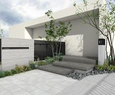 an artist's rendering of a modern house with stone steps leading to the front door