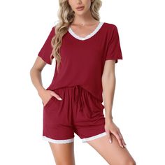 This loungewear pajama set for women is constructed of solid color, a v-neck, and pants with elastic waist and pockets, making it convenient to take on/off, keeping you pretty and comfortable all day. Featuring a stretchy fabric design, soft and comfortable makes you feel cozy all night, and enjoy a comfortable sleep and sweet dream.No matter the cozy bedtime, casual home relaxation, laze afternoon, or comfy bath, the soft and lightweight women's sleepwear company with you all the time. This chi Red X, Pants With Elastic Waist, Joggers Outfit, Satin Short, Women's Sleepwear, Casual Home, Tie Dye Shorts, Casual Spring, Short Pajama Set