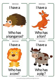 four cards with different animals and words on them, one says who has a kangaroo, the