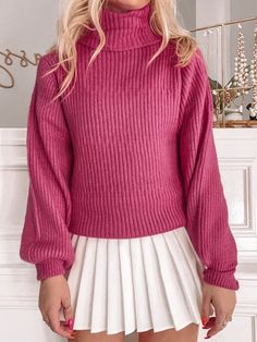 Palmer in Pink Sweater | Sassy Shortcake Pink Oversized Cropped Sweater For Winter, Oversized Pink Cropped Sweater For Winter, Fitted Turtleneck Tops In Acrylic, Fitted Acrylic Turtleneck Tops, Pink Ribbed High Neck Top, Ribbed Acrylic Turtleneck Sweater, Pink Soft Knit Cropped Sweater For Fall, Chic Pink Cropped Sweater For Winter, Spring Long Sleeve Chunky Knit Turtleneck