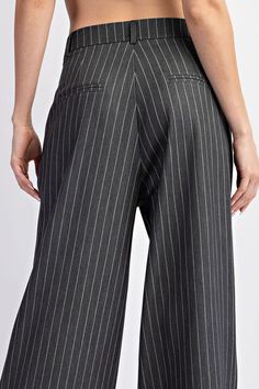 Pinstriped straight leg pants. Features: Button & zipper closure Belt loops Two side hip pockets Two back pockets Added pleats for detail Fabric: 80% Polyester 16% Viscose 4% Spandex PK11157 Striped High-waisted Pants With Belt Loops, High Waist Striped Pants With Belt Loops, Pinstriped Wide-leg Pants For Business Casual, Wide-leg Pants With Vertical Stripes For Workwear, Pinstripe Wide-leg Pants For Business Casual, Chic Pinstripe Wide-leg Bottoms, Chic Pinstripe Wide-leg Pants, Chic Striped Wide Leg Pants With Pockets, Striped High-waisted Wide Leg Pants For Work