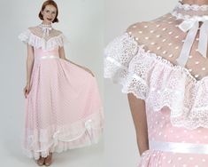 Vintage 70s country saloon wedding dress. Tailored bodice with lace overlay and pink lining Gathered fitted waist with long tiered and sweeping skirt. White swiss dot nylon/lace material. Dress is lined and zips up the back.  size estimate: S shoulders: draped bust: 34" waist: 25" hips: - total length: 57.5" * Visit the shop * https://www.etsy.com/shop/americanarchive Model is 5'9" Belts and other accessories are not included. Doll Outfits Aesthetic, Saloon Wedding, Vampire Ideas, 70s Country, Western Gown, Doll Aesthetic, Designing Ideas, Material Dress, Romantic Country