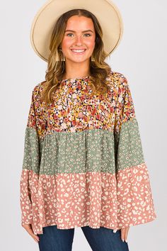 Floral Leopard Mix Tier Top - New Arrivals - The Blue Door Boutique Fall Floral Patchwork Blouse, Bohemian Ditsy Floral Print Tops For Fall, Bohemian Long Sleeve Blouse With Ditsy Floral Print, Multicolor Ditsy Floral Print Tops For Vacation, Bohemian Long Sleeve Tops With Ditsy Floral Print, Multicolor Bohemian Blouse With Floral Patchwork, Multicolor Peasant Top For Vacation In Fall, Multicolor Peasant Top For Fall Vacation, Fall Multicolor Mixed Print Tops