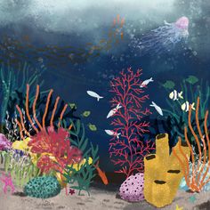 an underwater scene with fish and corals