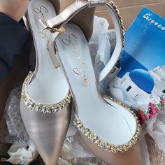 Handmade In Greece. Block Heel - 1.5". Brand New, Never Worn, Only Tried On. Size 7. Extra Jewels Included In Case Any Get Lost. Champagne Wedding Shoes, Sandals White, Champagne Wedding, White Cream, Santorini, Cream White, Wedding Shoes, Shoes Women Heels, Block Heels