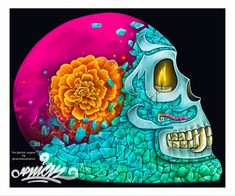 a painting of a skull with a flower on it's head and a candle in its mouth