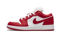 The Air Jordan 1 Low GS “Gym Red/White” is the youth sizing of the colorway reminiscent of the Jordan 1 that was featured in the “New Beginnings Pack. ” Unlike the original design, which was both a high-top and in adult sizing, the grade school “Gym Red/White” is equipped with a tonal embroidered Wings logo on the heel. White leather covers the mid-panel and perforated toe. Jordan Brand opts for a red leather Swoosh on the mid-panel to break up the look. An embroidered red Jumpman emblem graces Red White Jordans, Alice Accessories, Air Dunks, Air Jordan 1 Low Gym Red, Jordan 1 Low Gym Red, Red And White Jordans, Red White Shoes, Jordan 1 Red, Red Jordans