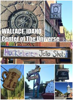 the collage shows photos of various buildings and signs that are located in different locations