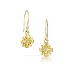 Flower shapes are so perfect for earrings. For these sweet studs Judi drew inspiration from the narcissus flower. You'll want to wear these earrings with everything! The colorless F/G color VS diamonds are approximately 1.5mm and the earrings are approximately 9mm in diameter. Available as drop or stud earrings. Ear wires on the drop version are 14K green gold. Elegant Yellow Gold Flower Pendant Earrings, Single Yellow Gold Flower Earring, Single Flower-shaped Yellow Gold Earring, Yellow Gold Drop Earrings With Flower Design, Delicate Yellow Gold Earrings With Flower Charm, 14k Gold Drop Flower Earrings, Yellow Gold Sterling Silver Earrings With Flower Charm, Sterling Silver Yellow Gold Earrings With Flower Charm, Yellow Gold Flower Charm Drop Earrings