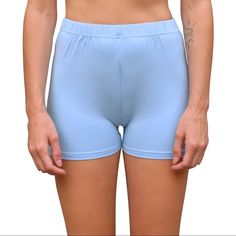 High Waisted Bike Shorts - Solid Light Blue 2" Inseam These Cute Women’s Bike Shorts Are Made In Lightweight Jersey Knit Cloth, Making Them Super Comfortable, Soft And Breathable. A Spandex Blend Gives Extra Stretch, And They're Pocketless For A Smooth, Sleek Fit. Wear Them Out And About Or Just Lounging Around For A Cute Athleisure Look That Is On-Trend And Fashionable. More Colors Available! Matching Tops Available! Garment Measurements: S Waist 26” Rise 10” Inseam: 2” M Waist 28” Rise 10.5” I Fitted Blue Boxer Briefs With Built-in Shorts, Blue Short Length Boxer Briefs For Gym, Blue Boxer Briefs For Gym, Blue Short Boxer Briefs For Workout, Blue High-waist Stretch Shorts, Blue High Waist Stretch Shorts, Casual Short Length Boxer Briefs For Yoga, Blue Sports Shorts Short Length, Blue Elastane Gym Shorts