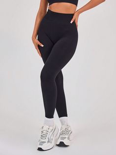 High Waist Seamless Gym Leggings Only Black    Fabric Plain  High Stretch  Women Activewear, size features are:Bust: ,Length: ,Sleeve Length: Black Leggings Aesthetic, Plain Black Leggings, Sports Pants Women, Halloween Inspo, Home Sport, Women Sports, Gym Leggings, Christmas 2024, Outdoor Woman