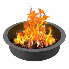 an outdoor fire pit with bright flames on the top and bottom, shown in black