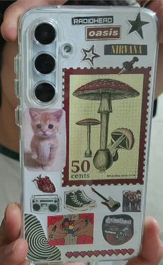 a person holding up a cell phone case with pictures on it