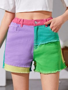 Multicolor  Collar  Denim Colorblock Bermuda Embellished Non-Stretch Summer Teen Girls Clothing Bubble Photoshoot, Toola Roola, 80s Summer Outfits, Summer Teen, Colorful Shorts, Life Essentials, Colorful Outfits, Girls Denim Shorts, Teen Summer