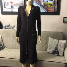 Etinoelle Couture Brown Coat - Dress Size M 80% Viscose 18% Polyamide 2% Spandex Luxury V-neck Dresses For Fall, Luxury Winter Dresses With Buttons, Designer Long Sleeve Winter Dresses, Luxury Fall Dress With Button Closure, Elegant Long Sleeve Jacket Dress For Night Out, Elegant V-neck Evening Outerwear, Elegant V-neck Outerwear With Button Closure, Elegant Winter Dresses With Button Closure, Elegant V-neck Party Outerwear