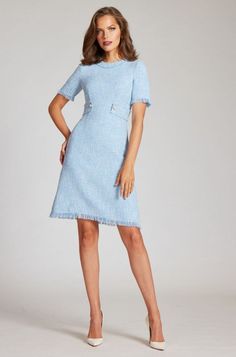 Color_Powder Blue Corsage Dress, Beautiful Wardrobe, Tweed Shorts, Couture Outfits, Silver Pumps, Day Time, Jewel Neckline, Rhinestone Trim, Dinner Dress