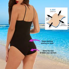 Not your basic one-piece swimsuit. The InstantFigure One-Piece Swimsuit features figure-hugging princess seams and a booty-lifting seam at the waist. With dainty adjustable spaghetti straps, a full-coverage derriere, a shelf bra, and a modest leg opening, this timeless swimsuit offers both style and support. Look and feel great at your next poolside, beach, or swim event. The 4-way stretch compression fabric in this one-piece swimsuit is slimming, smooth, and comfortable. FEATURES: Full Coverage Fitted One Piece Swimsuit With Built-in Bra For Pool, Sculpting Backless Swimwear With Built-in Bra, Stretch Bodysuit With Spaghetti Straps For Pool, Stretch High-waist Bodysuit For Swimming, Adjustable Straps Underbust Bodysuit, Swimming Bodysuit With Built-in Bra And Spaghetti Straps, One-piece Shapewear Bodysuit With Adjustable Straps, High Stretch Tankini With Built-in Bra For Swimming, Fitted One Piece With Built-in Bra For Pool