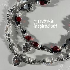 Eremika-inspired matching beaded necklace set. An elegant silver base with key colors that represent the main beloved and tragic couple from the anime. To add a dainty detail to your everyday looks. Aesthetic: Dainty, elegant, chained choker, stars, layered chains, stainless silver, heart lockets. Handmade one-of-a-kind anime beaded necklaces for gifting to others or yourself <3 Instagram: lilisliltrinkets Couple Chains Necklaces, Matching Beaded Necklaces, Couple Chains, Accesorios Aesthetic, Matching Necklaces For Couples, Couple Necklace, Couple Necklaces, Layered Chains, Chains Necklaces