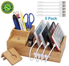 cell phone charging station in bamboo holder with 4 pens, scissors, and pencils