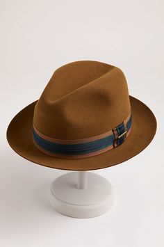 The 19-ligne grosgrain ribbon hat band in soothing, earthy stripes adds visual appeal to this urban topper, crafted in premium wool felt. It's lined in soft, glossy satin, while a leather sweatband affords comfort and fit. 100% Wool. Adjustable Brown Wool Fedora, Formal Brown Hat Bands For Fall, Formal Brown Hat Band For Fall, Classic Brown Felt Hat For Spring, Brown Fur Felt Fedora For Kentucky Derby, Brown Wool Felt Hat For Kentucky Derby, Elegant Brown Wool Hat Band, Spring Brown Wool Felt Hat, Spring Brown Wool Hat