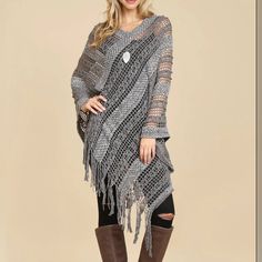 Easy, Breezy, Boho Chic, Shimmer Baby! This Beautiful Open-Knit Fringe Poncho Has A Bohemian, Free-Spirited Fashionista Without Even Trying Vibes All Over It! Just Imagine Yourself Standing There, Mountain-Side, & Your Fringed Hem Effortlessly Dancing Against The Howling Wind Like The Leaves On A Tree - It's A Look, It's A Vibe, A Good Time & I Want It All Mine! A Perfect Layering Piece & Available In 4 Different Colors For Whichever Suits Your Personal Poncho Tastes. Color : Beige Dusty Pink Wh Casual Open Knit Poncho, Open Knit Batwing Sleeve Sweater For Fall, Fall Batwing Sleeve Open Knit Sweater, Fall Open Knit Batwing Sleeve Sweater, Fall Open Knit Sweater With Batwing Sleeve, Winter Open Knit Poncho, Gray Open Knit Sweater, Casual Long Sleeve Open Knit Poncho, Casual Winter Open Knit Poncho