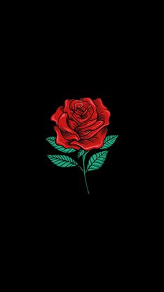 a single red rose with green leaves on a black background in the dark, it looks like an embroidery design