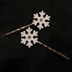 "This is an eye catching pair of gold metal snowflake hair pins or Bobby pins, with white enamel and dazzling holographic glitter. They are gorgeous and the pictures do not do them justice. They are a really fun way to dress up for the holiday season! They are 2 1/2\" long and 1\" wide Make sure to check out my shop for more hair pins, jewelry, earrings, accessories, and all sorts of fun stuff! Snowflake Hair Pins, Gold Snowflakes, White Snowflakes, Glitter Snowflakes, Sparkling Snowflakes, Wint Snowflake Hair, Glitter Snowflakes, Pins Jewelry, Gold Snowflake, Winter Hair, Earrings Accessories, White Snowflake, Special Jewelry, Holographic Glitter