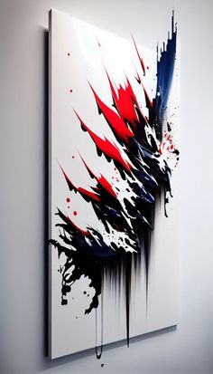 an abstract painting with red, white and blue paint splattered on the wall