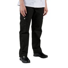 Combining comfort, functionality, and style at a value that won't break your budget, the Chef Revival women's black cargo chef pants provide plenty of room for today's busy today's busy chefs! Made of a poly-cotton blend that's durable and comfortable to wear throughout long shifts, these chef pants are designed to comfortably fit curves and feature a tailored front panel to ensure a comfortable fit.   The pants also have an elastic rear waistband to promote ease of movement in fast-paced enviro Chef Uniform Pants, Black Full-length Work Pants With Side Pockets, Black Full Length Work Pants With Side Pockets, Black Practical Cargo Pants With Multiple Pockets, Practical Black Cargo Pants With Side Pockets, Black Cargo Pants With Multiple Pockets, Practical Black Bottoms With Multiple Pockets, Black Utility Work Pants, Fit Curves