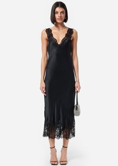 Midi length dress V-neckline with embroidery edge lace detail at neckline, straps and hem Side slits at the hem Unlined Black Lace Trim Dress, Silk And Lace Outfit, Silk And Lace Dress, Ciaran Hinds, Embroidery Edge, Black Mesh Dress, Iphone Instagram, Bias Cut Dress, Shearling Vest