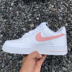 This custom has a light pink swoosh on both sides of each shoe and pink details. I use Angelus paint and matte finisher in order to seal the custom and protect it from damage. If you would like to change the color used on the custom or change any details feel free to message me and let me know, or you can add your request into the personalization section while you're checking out. Angelus Paint, Shoe Painting, Painted Nikes, Hair Dyed, Nike Shoes Air Force, Air Shoes, White Nike Shoes, Jordans Girls, Pink Details