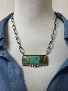 Sterling Silver Stamped and Hallmarked By: Augustine Largo Kingman Turquoise Measures 19" End to End Pendant 1" x 2" Secure Clasp Adjustable chain End To End, Kingman Turquoise, Bar Necklace, Pendant Earrings, Turquoise Jewelry, Belt Buckles, Ring Earrings, Cuff Bracelets, Gift Card