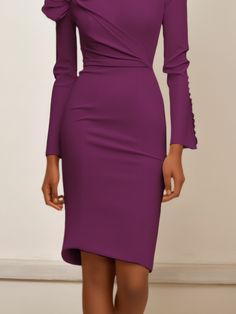 White Bow Long Sleeve Sheath Midi Dress | fehaute Elegant Purple Bodycon Cocktail Dress, Elegant Fitted Purple Bodycon Dress, Fitted Sheath Midi Dress For Dinner, Elegant Purple Long Sleeve Bodycon Dress, Elegant Purple Bodycon Dress, Elegant Purple Office Dress, Elegant Purple Midi Dress For Dinner, Elegant Purple Midi Dress For Office, Knee-length Bodycon Dress For Fall Dinner