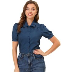 This shirt is suitable for office, work, seminar, or anywhere requiring formal wearing, and easy to easy-to-match skirt, jeans, or any pants. Create a chic style for your daily career wardrobe with this work shirt. A basic button-up firm shirt with elegant looking, stylish, and feminine. A chic and feminine short-sleeve blouse with a spread collar brings instant romance to any look. Puff Sleeve Shirt With Button Closure For Work, Office Shirt With Puff Sleeves And Button Closure, Puff Sleeve Shirt For Work, Fitted Solid Color Shirt For Office Wear, Solid Office Lady Tops With Button Closure, Fitted Office Lady Shirt, Blue Solid Color Shirt For Office, Fitted Office Lady Blouse With Button Closure, Office Puff Sleeve Cotton Shirt