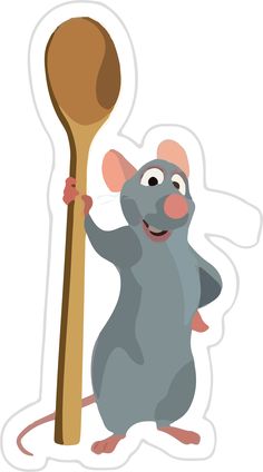 a cartoon mouse holding a wooden sticker with a spoon in it's hand